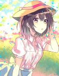  brown_eyes brown_hair dress_shirt eyebrows_visible_through_hair hair_between_eyes hand_in_hair hat hat_ribbon leaning_forward open_mouth original red_ribbon ribbon shirt short_hair short_sleeves skirt solo tamtamitai upper_body white_shirt white_skirt yellow_hat 