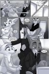  2018 akiric animal_genitalia animal_penis anthro bottomless breasts bulge canine canine_penis clothed clothing comic dialogue disney english_text erection female fox greyscale group hand_on_head imminent_sex jack_savage jewelry judy_hopps lagomorph male mammal midriff monochrome necklace necktie nick_wilde nipples penis penis_through_fly poking_out pussy rabbit sitting skye_(zootopia) sound_effects speech_bubble suit text toilet zootopia 