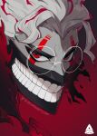  1boy clenched_teeth colored_skin dandadan english_commentary facial_mark glasses gradient_background graveweaver grey_skin highres looking_at_viewer male_focus mask mouth_mask multicolored_hair red_background red_eyes red_hair round_eyewear short_hair signature solo takakura_ken_(dandadan) takakura_ken_(transformed)_(dandadan) teeth torn_clothes transformation two-tone_hair upper_body white_hair 