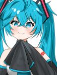  1girl :3 absurdres bare_shoulders blue_hair crossed_bangs detached_sleeves hair_between_eyes hatsune_miku highres long_hair looking_at_viewer number_tattoo rnikoi1 shoulder_tattoo sleeves_past_fingers sleeves_past_wrists smile solo tattoo twintails vocaloid 
