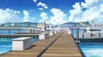  blue_sky boat building cloud cloudy_sky day dock fishing_rod forest highres mountainous_horizon nature no_humans non-web_source ocean official_art our_life:_beginnings_and_always outdoors palm_tree pier ship sky tree water watercraft wooden_floor 