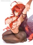  1girl absurdly_long_hair ahoge aqua_eyes araneesama arm_strap armpits arms_up black_choker breasts choker from_above hair_censor high_school_dxd highres holding_own_arm kneeling large_breasts long_hair no_shoes pantyhose red_hair rias_gremory seiza simple_background sitting solo topless_female very_long_hair wavy_hair white_background 