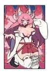  1girl :3 animal_ears arm_behind_head arm_up bare_shoulders black_sandals border borrowed_character breasts cleavage commission covered_nipples cowboy_shot detached_collar detached_sleeves extra_eyes fang fingernails fold-over_collar fox_ears fox_girl gradient_background groin hacco_mayu half-closed_eyes hand_up highres hip_vent kitsune knee_up large_breasts loincloth long_fingernails long_hair looking_at_viewer monster_girl multiple_animal_ears nail_polish nontraditional_miko open_mouth original outline outside_border pink_hair pink_tail platform_sandals plunging_neckline red_eyes red_nails red_trim ribbon-trimmed_sleeves ribbon-trimmed_thighhighs ribbon_trim ringed_eyes sagging_breasts sandals second-party_source skeb_commission solo standing standing_on_one_leg thank_you thick_eyebrows thick_thighs thighhighs thighs v-shaped_eyebrows white_border white_outline white_sleeves white_thighhighs 