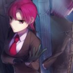  adjusting_clothes adjusting_gloves bazett_fraga_mcremitz black_gloves broken_mirror brown_jacket different_reflection fate/hollow_ataraxia fate_(series) formal gloves jacket looking_at_viewer misoiri_(gokutsubushi) mole mole_under_eye necktie red_eyes red_hair red_neckwear reflection shirt short_hair solo standing upper_body white_shirt 