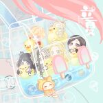  &gt;_&lt; 3girls 4boys aeon_(shining_nikki) animal_charm aqua_background aqua_eyes backpack bag bare_arms bare_shoulders black_boots black_hair black_hanfu blazer blonde_hair blue_dress blue_eyes boots brother_and_sister brown_hair bubble character_charm charm_(object) chi_xiaoyu chinese_clothes chinese_text coat coat_on_shoulders colored_eyelashes covered_mouth crown dragon_horns dress drill_hair earrings elf expressionless food from_behind gold_crown gradient_clothes gradient_dress grey_coat grey_crown grey_dress grey_eyes grey_hair grey_hanfu grey_jacket grey_pants grey_suit hair_between_eyes hanfu highres horn_ornament horn_ribbon horns ice_cream in_bag in_container jacket jewelry lilith_(shining_nikki) loen_(shining_nikki) long_hair long_sleeves luming marina_(shining_nikki) marking_on_cheek mercury_(shining_nikki) military_uniform mini_crown mini_person miniboy minigirl momo_(nikki) multiple_boys multiple_girls nikki_(nikki) nikki_(series) non-web_source ophelia_(shining_nikki) pants parted_lips pink_hair pointy_ears popsicle purple_eyes qin_yi red_jacket red_ribbon ribbon rubber_duck see-through_clothes see-through_dress shining_nikki short_dress siblings sleeveless sleeveless_dress stud_earrings suit tareme translation_request transparent_bag twin_drills two-tone_dress very_long_hair water white_dress white_hair white_horns white_pants xiaoyu_qixing yexiao_(shining_nikki) zipper zoey_(shining_nikki) 