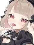  1girl black_dress black_headdress black_ribbon blunt_bangs blush bob_cut breasts candy chest_harness cleavage_cutout clothing_cutout collared_dress colored_inner_hair dress fang food frilled_shirt_collar frills grey_hair hands_up harness heart_cutout highres lollipop looking_at_viewer maid maid_headdress makaino_ririmu makaino_ririmu_(5th_costume) medium_hair mouth_hold multicolored_hair nijisanji no_jacket pink_hair portrait puffy_short_sleeves puffy_sleeves red_eyes ribbon shaped_lollipop short_sleeves simple_background small_breasts smile solo streaked_hair tongue tongue_out uchu_nokansoku virtual_youtuber white_background 