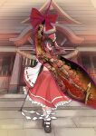  1girl absurdres alternate_costume armor axe black_shoes blink_(hontsev) bow breasts brown_eyes brown_hair chinese_commentary cleavage commentary_request corruption detached_sleeves frilled_bow frilled_hair_tubes frilled_skirt frills gap_(touhou) gohei hair_bow hair_tubes hakurei_reimu highres holding holding_axe holding_gohei long_hair looking_at_viewer red_bow red_eyes red_skirt ribbon-trimmed_sleeves ribbon_trim sharp_teeth shoes shoulder_armor skirt skull socks solo spiked_armor teeth tongue tongue_out touhou warhammer_40k white_socks 