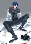  1boy absurdres aqua_eyes belt black_belt black_boots black_necktie black_pants blood blood_on_ground blood_splatter blue_hair boots coat coat_partially_removed debris full_body grey_shirt hair_between_eyes highres kayano_(kayanoakira01) lab_coat leos_vincent male_focus mameneko_(leos_vincent) mask necktie nijisanji pants parted_lips respirator shadow shirt small_sweatdrop solo virtual_youtuber white_coat x_x 