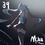  1girl 39 absurdres aqua_hair arm_tattoo black_shoes black_skirt black_sleeves boots character_name collared_shirt commentary detached_sleeves from_behind glowstick hatsune_miku highres long_sleeves number_tattoo panties penlight_(glowstick) pleated_skirt qtian shirt shoes skirt solo tattoo thigh_boots twintails underwear vocaloid white_panties white_shirt 
