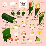  artist_name ehoumaki english_text fish_(food) food food_focus fruit green_tea issiki_toaki makizushi no_humans omelet onigiri original pink_background rice shrimp shrimp_tempura simple_background sushi tamagoyaki tea tempura 