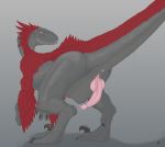  anus dinosaur feathers feral knot looking_at_viewer male penis precum presenting raptor red_feathers solo theropod wyatt wyatt_(artist) 