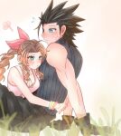  1boy 1girl 7_(milu577610) aerith_gainsborough arms_around_back baggy_pants bangle bare_shoulders black_gloves black_hair black_pants blue_sweater blush bracelet braid braided_ponytail breasts brown_hair chinese_commentary cleavage closed_mouth commentary_request couple cowboy_shot crisis_core_final_fantasy_vii cross_scar dress earrings final_fantasy final_fantasy_vii final_fantasy_vii_remake flying_sweatdrops from_side gloves grass green_eyes hair_ribbon highres hug jewelry long_hair looking_at_another pants parted_bangs pink_dress pink_ribbon pout puff_of_air ribbed_sweater ribbon scar scar_on_cheek scar_on_face sidelocks sitting sleeveless sleeveless_turtleneck spiked_hair stud_earrings sweatdrop sweater turtleneck turtleneck_sweater upper_body zack_fair 