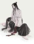  2boys barefoot bishounen black_hair black_hanfu chinese_clothes closed_mouth couple grey_eyes hair_ribbon hand_on_another&#039;s_head hanfu headband high_ponytail highres holding_hands interlocked_fingers lan_wangji lap_pillow long_hair long_sleeves looking_at_another lying male_focus modao_zushi multiple_boys on_side ponytail red_ribbon red_sash ribbon robe sash sidelocks simple_background sitting smile topknot twitter_username very_long_hair w2biiro watermark wei_wuxian white_background white_hanfu white_headband wide_sleeves xiao_guan_(headdress) yaoi yellow_eyes 