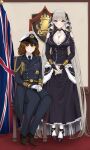  2girls absurdres alternate_costume arm_cutout azur_lane belt belt_buckle between_breasts black_shoes blue_necktie breasts brown_hair brown_sandals buckle buttons chair cleavage commander_(azur_lane) commission curly_hair double-breasted dress dress_pants earrings emblem english_commentary epaulettes female_commander_(azur_lane) formidable_(azur_lane) frilled_dress frilled_jacket frills full_body gloves grey_hair hair_ornament hair_ribbon hair_spread_out hat high_heels highres jacket jewelry lapels large_breasts long_hair long_sleeves looking_at_viewer low_twintails medal medium_breasts medium_hair military military_dress_uniform military_hat military_jacket military_uniform multiple_girls naval_dress_uniform naval_uniform necktie necktie_between_breasts notsushi own_hands_together oxfords pantyhose peaked_cap portrait red_eyes ribbon ribbon_bar royal_navy_emblem_(azur_lane) sandals shirt shoes sitting smile teeth twintails two-tone_ribbon union_jack very_long_hair white_gloves white_pantyhose white_shirt yellow_eyes 