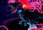  2018 black_feathers black_fur blue_hair canine digital_media_(artwork) digital_painting_(artwork) feathered_wings feathers fur grey_fur hair hybrid mammal nashiholy paws sky star starry_sky wings 