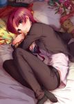  bazett_fraga_mcremitz bed_sheet belt black_bra black_jacket black_legwear black_pants bra breasts brown_eyes cleavage dress_shirt fate/hollow_ataraxia fate_(series) fetal_position flower formal indoors jacket looking_at_viewer lying medium_breasts misoiri_(gokutsubushi) mole mole_under_eye necktie on_side open_clothes open_jacket open_shirt pants pillow red_flower red_hair red_neckwear shirt short_hair socks solo stuffed_animal stuffed_toy teddy_bear underwear white_shirt 