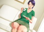  blush breasts brown_eyes collarbone commentary_request couch cup dutch_angle earrings green_shirt green_skirt holding holding_cup holding_plate indoors jewelry large_breasts looking_at_viewer married mature miniskirt necklace open_mouth original picture_frame plate purple_hair ring shikuta_maru shirt short_hair sitting skirt thick_thighs thighs 