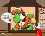 anthro blue_eyes breasts cleavage clothed clothing duo english_text female gloves goombato_dibujos green_body green_yoshi handwear hat headgear headwear hi_res human jacket mammal mario mario_bros mario_kart mario_kart_world nintendo short_tail simple_background solo speech_bubble tail text topwear yoshi yoshi_(character) yoshi_(food_slinger)