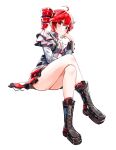  1girl ahoge ankle_boots ankle_socks ass belt black_belt black_boots black_sleeve_cuffs blush boots bow buttons crossed_legs double-breasted double-parted_bangs drill_hair expressionless flat_chest grey_hair grey_skirt hair_bow hand_up head_rest highres kasane_teto kasane_teto_(sv) lace-up_boots layered_skirt layered_sleeves lips long_sleeves looking_at_viewer mp777b red_eyes red_hair red_skirt red_socks red_trim shoelaces shoulder_belt shoulder_boards simple_background sitting skirt socks solo synthesizer_v thighs transparent_background twin_drills utau white_bow 