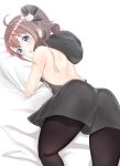  absurdres ahoge ass backless_outfit blue_eyes blush breasts brown_hair commentary_request hair_ornament highres hololive looking_at_viewer lying natsuiro_matsuri on_bed on_stomach open_mouth pantyhose pillow simple_background small_breasts solo toratora_(nanahaba) virtual_youtuber white_background 