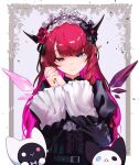  1girl absurdres asymmetrical_wings belt black_belt black_sleeves bloom_(irys) blue_eyes blunt_bangs center_frills closed_mouth colored_inner_hair commentary crystal_wings detached_wings drill_hair drill_sidelocks flower frilled_sleeves frills gloom_(irys) hair_flower hair_ornament hands_up highres hololive hololive_english horns interlocked_fingers irys_(hololive) irys_(maid)_(hololive) juliet_sleeves layered_sleeves long_hair long_sleeves looking_at_viewer maid_headdress mini_wings mismatched_wings multicolored_hair namiorii official_alternate_costume official_alternate_hairstyle own_hands_together pink_hair pointy_ears puffy_sleeves purple_eyes purple_hair rose shirt sidelocks smile solo star-shaped_pupils star_(symbol) straight-on symbol-only_commentary symbol-shaped_pupils underbust virtual_youtuber white_shirt white_sleeves wings 