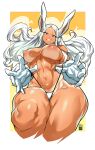  1girl abs animal_ears artist_logo artist_name bayeuxman bikini bikini_bottom_only black_trim boku_no_hero_academia border breasts cleavage commentary cropped_legs dark-skinned_female dark_skin english_commentary finger_under_clothes floating_hair furrowed_brow gloves grin highleg highleg_bikini highres huge_thighs large_breasts logo long_eyelashes long_hair looking_at_viewer mirko navel nipples parted_bangs rabbit_ears rabbit_girl red_eyes smile solo stomach strap_pull swimsuit tan tanlines thick_thighs thighs toned toned_female topless_female very_long_hair white_bikini white_border white_gloves white_hair 