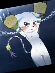 3:4 bandai_namco bdsm bodily_fluids bondage bound breasts breath cuff_(restraint) digimon digimon_(species) female gatomon genitals hands_up hi_res koufun looking_at_viewer navel nipples nude restraints shackles small_breasts solo sweat vulva