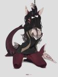 3:4 anthro black_sclera bodily_fluids bottomwear bound breasts button_(fastener) chain chained clothed clothing clothing_aside cuff_(restraint) curvy_figure dark_hair ear_piercing erect_nipples exposed_breasts female fin fin_piercing fish furgonomics furry-specific_piercing genital_fluids genitals grey_clothing hair hair_between_breasts hale. hands_above_head hi_res highlights_(coloring) hourglass_figure inner_thigh kneeling leg_muscles looking_at_viewer marine markings messy_hair narrowed_eyes nipple_piercing nipples no_underwear non-mammal_breasts non-mammal_ears non-mammal_hair non-mammal_nipples office_clothing one_eye_obstructed open_clothing open_topwear orange_eyes piercing red_body red_skin restrained restraints rose_(kamikazekit) shark shirt skirt small_waist solo spread_legs spreading suit suit_jacket topwear topwear_aside upskirt vaginal_fluid_string vaginal_fluids vest vulva white_markings wide_hips wrist_cuffs