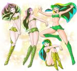  1girl \m/ absurdres animal_print bikini breasts cleavage cone_horns double_\m/ fangs full_body gradient_hair highres horns long_hair lum miniskirt multicolored_hair multiple_views navel open_mouth own_hands_together pointy_ears print_bikini print_boots print_skirt shirokuro_jakko sitting skirt swimsuit tiger_print urusei_yatsura 