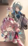  1boy 1girl absurdres anaxa_(honkai:_star_rail) black_gloves blue_hair book chain coat commentary crown drill_hair expressionless eyepatch feeding_animal food gloves green_hair hair_between_eyes hair_intakes hat highres holding holding_book holding_food holding_magnifying_glass honkai:_star_rail honkai_(series) hyacine_(honkai:_star_rail) jewelry little_ica_(honkai:_star_rail) long_hair long_sleeves magnifying_glass multicolored_hair multiple_rings one_eye_closed open_mouth partially_fingerless_gloves pink_hair pink_hat ring sp0i0ppp twin_drills twintails two-tone_hair 
