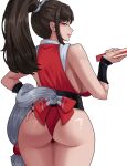  1girl absurdres arapanchi ass bow breasts brown_eyes brown_hair fatal_fury folded_fan folding_fan from_behind hand_fan hand_up high_ponytail highres holding holding_fan japanese_clothes large_breasts legs_together long_hair looking_at_viewer looking_back motoyui ninja parted_lips ponytail red_bow revealing_clothes sash shiranui_mai sideboob simple_background sleeveless smile snk solo the_king_of_fighters white_background wide_hips wrist_guards 
