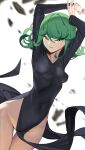  1girl 767_(pixiv973307689) absurdres arms_up black_dress breasts closed_mouth clothes_lift collarbone commentary covered_navel curly_hair dress flipped_hair floating_rock green_eyes green_hair hair_between_eyes highres long_sidelocks long_sleeves looking_at_viewer medium_breasts medium_hair no_panties one-punch_man pear-shaped_figure pelvic_curtain pelvic_curtain_lift petite pink_lips side_slit sidelocks simple_background solo tatsumaki telekinesis thighs tight_clothes tight_dress white_background wide_hips wind 