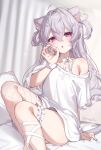  1girl animal_ears bed bra cat_ears cat_girl cat_tail fellatio_gesture fishnet_thighhighs fishnets frilled_thigh_strap fur_wrist_cuffs grey_hair hair_ornament highres long_hair looking_at_viewer multicolored_hair neck_ribbon no_pants off_shoulder on_bed open_mouth original paragasu_(parags112) pillow pink_eyes pink_hair ribbon shirt short_sleeves single_thighhigh sitting streaked_hair tail thigh_strap thighhighs two_side_up underwear white_bra white_hair white_ribbon white_shirt wrist_cuffs 