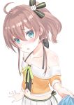  absurdres ahoge blue_eyes blush breasts brown_hair collarbone hair_ornament hair_ribbon highres hololive looking_at_viewer midriff natsuiro_matsuri navel open_mouth pulling ribbon side_ponytail simple_background small_breasts solo_focus toratora_(nanahaba) virtual_youtuber 