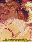  2girls animal_ears ass blonde_hair bluethebone blush body_fur breasts character_request commentary english_commentary english_text from_behind furry furry_female green_eyes highres large_breasts long_hair looking_at_viewer lying mini_person minigirl multiple_girls naked_towel on_stomach patreon_username pulchra_fellini subtitled tail towel zenless_zone_zero 