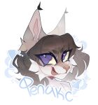 absurd_res anthro brown_body brown_fur brown_hair colored digital_drawing_(artwork) digital_media_(artwork) ear_tuft felid feline felix_(vvaltz) fur hair hi_res looking_at_viewer lynx male mammal multicolored_body multicolored_fur pink_tongue portrait purple_eyes russian_text simple_background smile solo text tongue tongue_out tsubakiiiiii tuft white_body white_fur