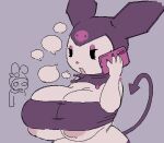 5_fingers anthro areola areola_slip bandeau big_breasts black_bandeau black_clothing black_fingernails black_headgear black_headwear black_hood black_nails black_tail black_topwear breasts clothing colored_nails demon digital_drawing_(artwork) digital_media_(artwork) duo electronics eyelashes eyeshadow female female_anthro fingernails fingers fur half-closed_eyes headgear headwear holding_object holding_phone huge_breasts kuromi lagomorph leporid makeup mammal my_melody nails narrowed_eyes nucr4r onegai_my_melody open_mouth phone print_clothing print_headgear print_headwear print_hood pupils purple_eyeshadow purple_nose rabbit sanrio skull_print small_pupils solo_focus spade_tail speech_bubble standing tail topwear white_body white_breasts white_fur white_speech_bubble wide_hipped_anthro wide_hipped_female wide_hips