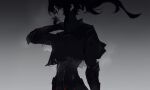  absurdres arm_behind_head black_hair cyborg dark earrings elbow_pads floating_hair glowing glowing_clothes glowing_eye glowing_markings gradient_background grey_background high_ponytail highres jewelry lewdicy long_hair looking_down ludicy_(lewdicy) mechanical_arms original ponytail prosthesis prosthetic_arm red_eyes shirt simple_background stud_earrings toned toned_female torn_clothes torn_shirt upper_body wind 