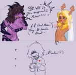 2025 2_horns 2_panel_comic 5_fingers absurd_res ambiguous_gender angry anthro antlers armwear black_armwear black_bra black_choker black_clothing black_elbow_gloves black_fingerless_gloves black_gloves black_hair black_handwear black_jewelry black_legwear black_necklace black_underwear blonde_hair bra breasts brown_body buckteeth camera choker clenched_teeth clothed clothing comic deadwife deer deltarune dialogue digital_media_(artwork) elbow_gloves ellipsis emoticon english_text eyebrow_through_hair eyebrows eyelashes fake_horns female female/ambiguous fingerless_gloves fingers flash_bubble freckled_face freckles gloves grey_background group hair hair_over_eyes handwear heart_reaction hi_res holding_camera holding_object horn human humanoid_hands jewelry kris_(deltarune) legwear long_hair looking_at_viewer mammal medium_breasts mostly_nude navel necklace new_world_deer noelle_holiday open_mouth pasties pattern_clothing pattern_sweater pattern_topwear pupils purple_body question_mark red_nose reindeer reptile scalie shaded sharp_teeth simple_background skimpy small_breasts snout standing striped_clothing striped_sweater striped_topwear stripes susie_(deltarune) sweater talking_to_another teeth text topwear translucent translucent_hair trio undertale_(series) underwear veil white_pasties yellow_sclera yellow_teeth