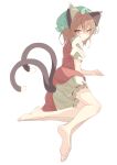  1girl absurdres animal_ear_fluff animal_ears bare_legs barefoot bloomers blush brown_eyes brown_hair cat_ears cat_tail chen commentary_request double-parted_bangs dress feet foot_focus frills full_body hair_between_eyes hat highres looking_at_viewer looking_back medium_hair mob_cap multiple_tails nekomata parted_lips puffy_short_sleeves puffy_sleeves raised_inner_eyebrows red_dress seika_okawari shadow short_sleeves simple_background sitting soles solo tail tail_through_clothes toes touhou tsurime two_tails white_background yokozuwari 