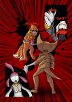 2025 2_horns 2_tails 3_panel_comic absurd_res aggron ambiguous_gender anthro biped black_body black_eyes black_fur black_nose blood blood_from_mouth blood_in_mouth blood_on_body bodily_fluids claws comic dialogue ellipsis english_text fossil_pokemon fur generation_1_pokemon generation_3_pokemon generation_8_pokemon gore group hi_res horn humanoid kabutops lips medicham multi_tail nintendo novaarts open_mouth paws pokemon pokemon_(species) pokemon_mystery_dungeon raboot red_body red_fur red_text shocked sound_effects spike_chunsoft standing tail text white_body white_fur white_sclera