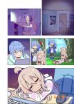  :&gt; :3 ? absurdres ahoge animal_ears bare_legs barefoot blue_hair blush closed_eyes commentary_request computer_keyboard computer_mouse dog_ears dog_tail fujimi_nemu green_eyes hair_between_eyes headset highres indoors long_hair long_sleeves monitor no_pants onii-chan_wa_oshimai! oyama_mahiro pajamas paw_shoes poster_(object) robomito short_hair skull sleeping sleeping_on_desk smile striped_clothes striped_pajamas tail translated |_| 