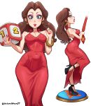  1girl absurdres artist_name ass bare_arms black_shoes blue_eyes breasts brown_hair cleavage donkey_kong donkey_kong_(series) dress earrings eyeshadow floating_earrings gold_earrings halter_dress halterneck high_heels highres jewelry leg_up long_hair makeup mario_(series) mario_party necktie out_of_frame pauline_(mario) purple_eyeshadow red_dress red_lips red_nails red_necktie shoes smile taut_clothes taut_dress twitter_username undeadaheadt 