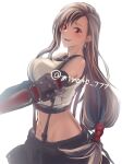  1girl bare_shoulders black_gloves black_hair black_skirt black_sports_bra blush breasts commentary_request crop_top earrings elbow_gloves final_fantasy final_fantasy_vii final_fantasy_vii_rebirth final_fantasy_vii_remake gloves jewelry large_breasts long_hair looking_at_viewer low-tied_long_hair midriff minato_(ct_777) navel open_mouth red_eyes single_arm_guard single_earring skirt smile solo sports_bra suspender_skirt suspenders tank_top tifa_lockhart twitter_username upper_body white_background white_tank_top 