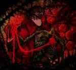  1boy absurdres animanima black_gloves black_hair blood closed_mouth coat flower flower_in_eye gloves highres limbus_company long_sleeves looking_at_viewer male_focus meursault_(project_moon) project_moon red_background red_coat red_flower red_rose rose short_hair simple_background skeleton solo standing symbol_in_eye thorns upper_body yearning-mircalla_(e.g.o) 