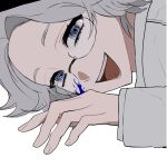  1boy :d aotsuki_eito blood blood_on_face blue_blood blue_eyes chinese_commentary close-up dwzssdbdl evil_grin evil_smile glasses grey_hair grin highres jacket looking_at_viewer male_focus on_floor short_hair simple_background smile solo squinting the_hundred_line_-last_defense_academy- white_background white_jacket 