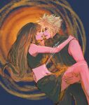  1boy 1girl artist_name bare_arms bare_legs bare_shoulders black_hair black_pants black_skirt black_sports_bra black_sweater blonde_hair blue_eyes breasts carrying cloud_strife commentary couple crop_top eye_contact feet_out_of_frame final_fantasy final_fantasy_vii final_fantasy_vii_rebirth final_fantasy_vii_remake hand_on_another&#039;s_shoulder hand_on_another&#039;s_thigh hand_on_another&#039;s_waist highres leaning_forward light_blush lips long_hair looking_at_another medium_breasts midriff navel pants parted_lips princess_carry profile red_eyes ribbed_sweater short_hair signature skirt sleeveless sleeveless_turtleneck spiked_hair sports_bra sweater symbol-only_commentary tifa_lockhart turtleneck turtleneck_sweater xainaa 