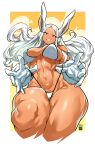  1girl abs animal_ears artist_logo artist_name bayeuxman bikini black_trim boku_no_hero_academia border breasts cleavage commentary cropped_legs dark-skinned_female dark_skin english_commentary finger_under_clothes floating_hair furrowed_brow gloves grin highleg highleg_bikini highres huge_thighs large_breasts logo long_eyelashes long_hair looking_at_viewer mirko navel parted_bangs rabbit_ears rabbit_girl red_eyes smile solo stomach strap_pull swimsuit thick_thighs thighs toned toned_female very_long_hair white_bikini white_border white_gloves white_hair 
