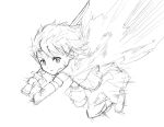  1girl cape fortissimo greyscale hair_ornament highres holding holding_sword holding_weapon incoming_attack looking_at_viewer mahou_shoujo_madoka_magica mahou_shoujo_madoka_magica_(anime) miki_sayaka miki_sayaka_(magical_girl) monochrome motion_lines musical_note musical_note_hair_ornament short_hair sketch solo sword ukag_mdmg weapon 