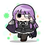  1girl ;) assault_lily banshouya_ena black_bow black_bowtie black_cape black_pantyhose black_skirt blunt_bangs blush bow bowtie brown_shoes cape cape_hold chibi closed_mouth commentary cropped_jacket floral_background flower_symbol full_body hair_bow hands_up heel_up high-waist_skirt highres konpeitoull_(c12h22o11_tr_6) long_hair long_sleeves miniskirt one_eye_closed outstretched_arm pantyhose pink_bow purple_cape purple_hair school_uniform shoes sidelocks skirt smile solid_circle_eyes solo sparkle standing two-sided_cape two-sided_fabric v white_background yurigaoka_girls_academy_school_uniform 